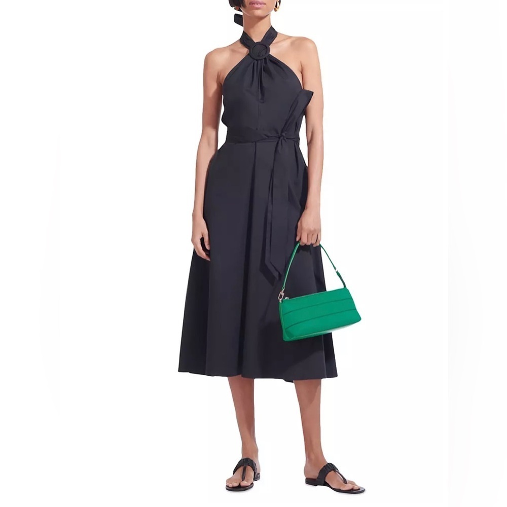 STAUD Kai Midi Length Stretch Cotton Black Halter Dress L